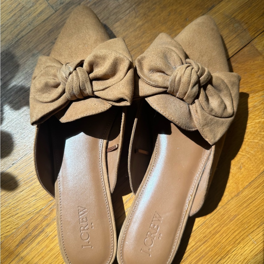 J. Crew Tan Suede Bow-Accent Slip-On Mules